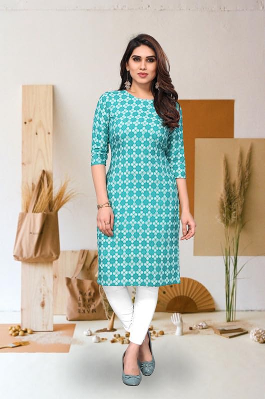 Image of JAKHANA Women's Crepe Printed Casual Straight Calf Length Round Nick Kurta Pack of 4