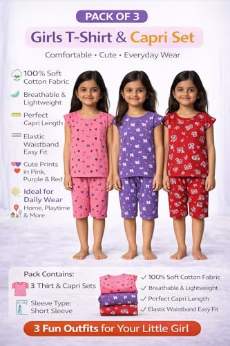 Image of NammaBaby Girl's Cotton Graphic Print Night Suit and Payjama Set - Multipack