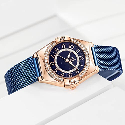Shengke Sk Ladies Easy Read Watch With Arabic Numerals Crystal Diamond Women Dress Watches Water Resistant (Blue Mesh) #TOP2