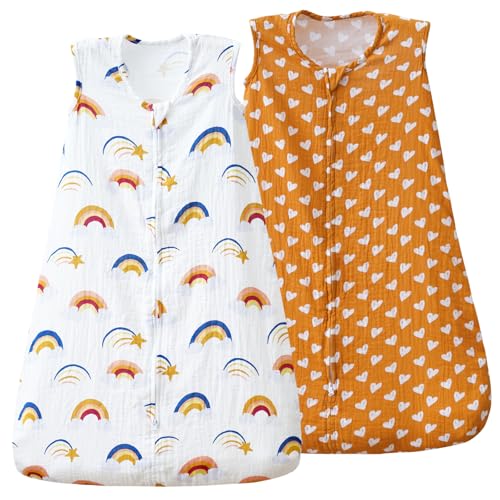 Image of david's kids Muslin Cotton Baby Sleep Sack 0-6 Months, 2 Pack 100% Cotton Sleeping Bag for Summer, TOG 0.5 Baby Wearable Blankets with 2-Way Zipper, Soft Sleep Sacks for Newborn Infant, Rainbow