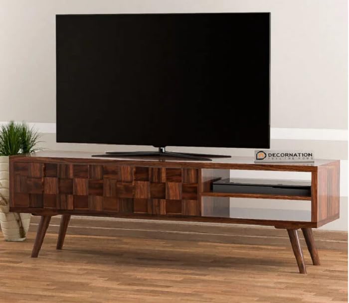 Image of DecorNation Elegant Brown TV Table with Ample Storage: Discover the Panos Wood Storage TV Table with Dual Drawers(55''x14''x18, Dark Brown)