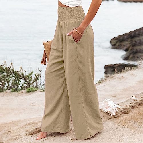 Wide Leg Linen Pants Women Straight Leg Solid Color Casual High Waisted Boho Pants Beach Summer Breathable Plain Trousers3