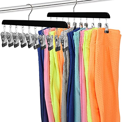 Baoswi 2 Pack Legging Organiser for Closet, Wooden Hangers with 360°Rotation Clips Holds 20 Leggings Trousers, Black Rubber Coated Hanging Closet Organiser
