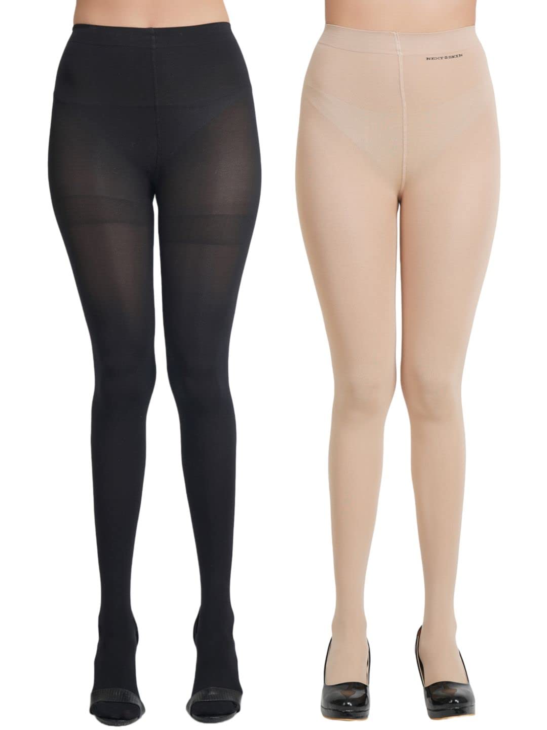 Women's Nylon Opaque Pantyhose Stockings, XL Size - Pack of 2 (Black&Skin)-image-1