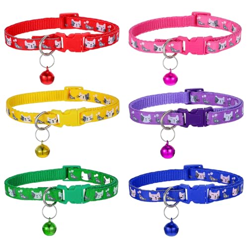 Bremorou 6 Pcs Kitten Collar Cat Collars with Bell Breakaway 6 Colors Adjustable 8-14 Inch Cat and Fish Pattern Design Pet Collar Replacement Accessories Fit Cats Dog Small Pets Festival Gifts Cute