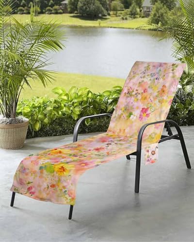 Beach Pool Patio Lounge Chaise Chair Cover Towel with Pockets,Spring Summer Flower Absorbent & Quick Dry Microfiber Towel Cover Bag Summer Travel Accessories Modern Abstract Painting Art