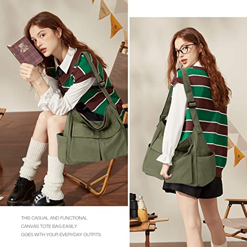 Canvas Messenger Bag Hobo Shoulder Bag Crossbody Bag With Multiple Pockets Large Tote Bag Handbag For Teen Girls Women Men (Army Green) #TOP5