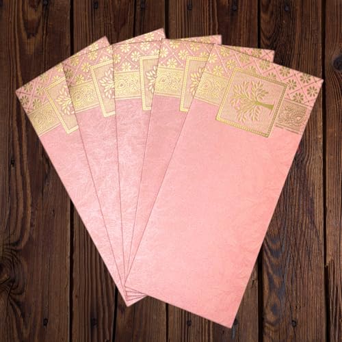 Image of Pack of 100, Rectangle Shape Metallic Paper Shagun Envelopes for Gifting Sagan Lifafa Wedding Occasion Cash Money, 18 X 8 cm, Pink Color - Gold Tree Design