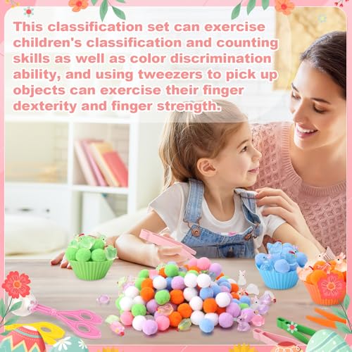 198 Pcs Sensory Bin Filler Fine Motor Toys Include 120 Pom Poms 60 Resin Rabbit Chicken 4 Tweezers 2 Scissors Clips 12 Sorting Cups for Sorting Counting - Image 3