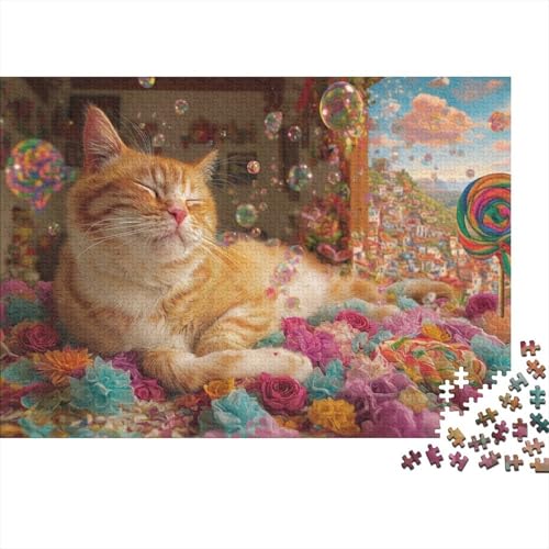 Puzzle de 1000 piezas de gato naranja para relajarse en familia con un dulce diseño de caramelos