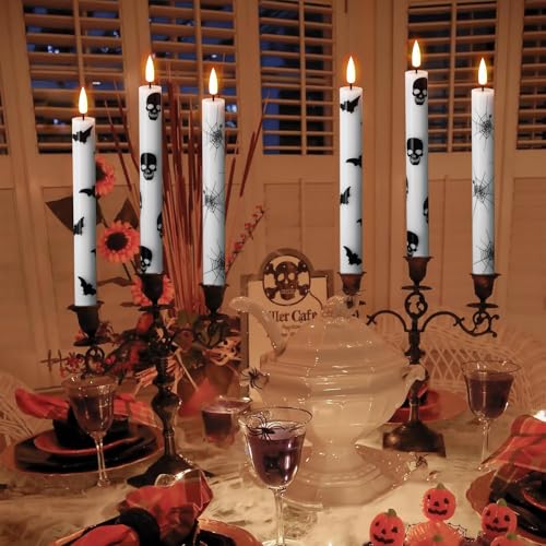 Image of Halloween Flameless Taper Candles Battery Operated with Remote and Timer, 3D Wick Flickering LED Taper Candles Skull Bats Spider Decals Dinner Table Halloween Lights(6 Pack, 0.78 x 9.64 inch)