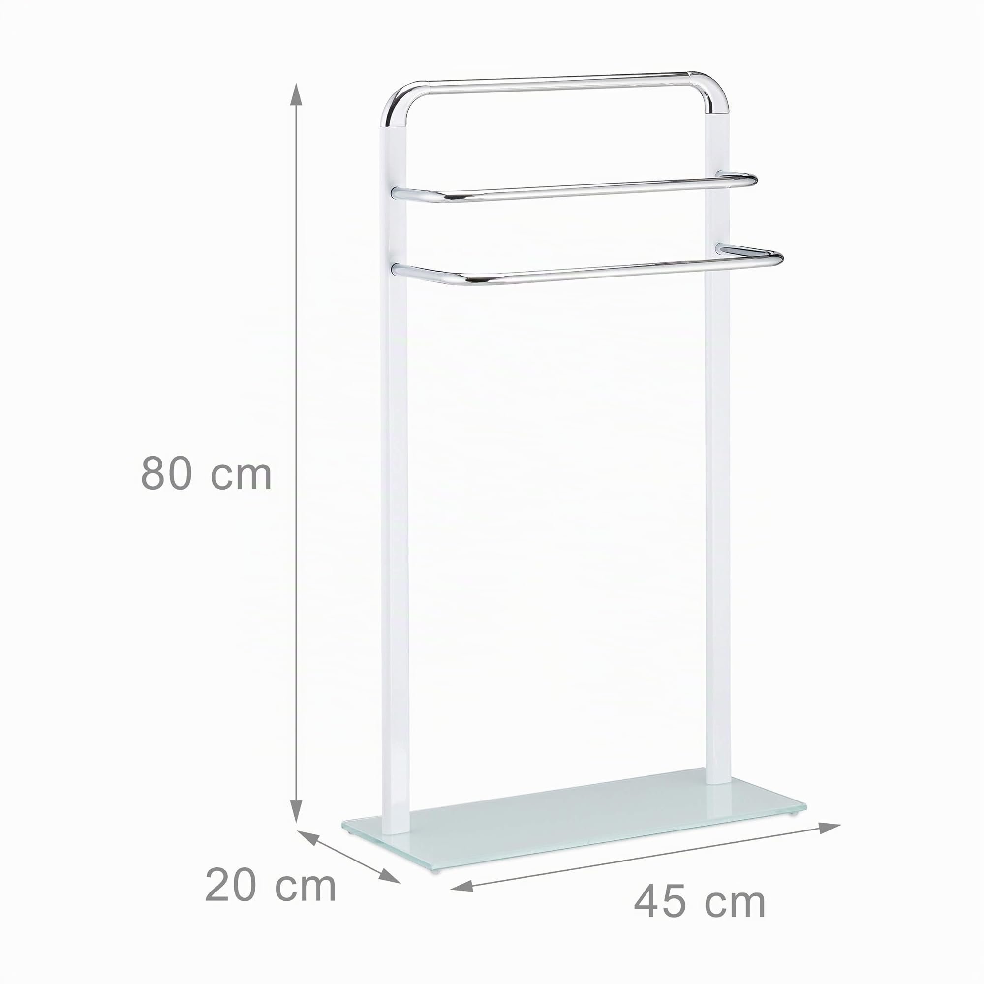 Relaxdays Toallero de Pie con 3 Barras, Metal Cromado-Cristal Esmerilado, Blanco-Plateado, 80x45x20 cm