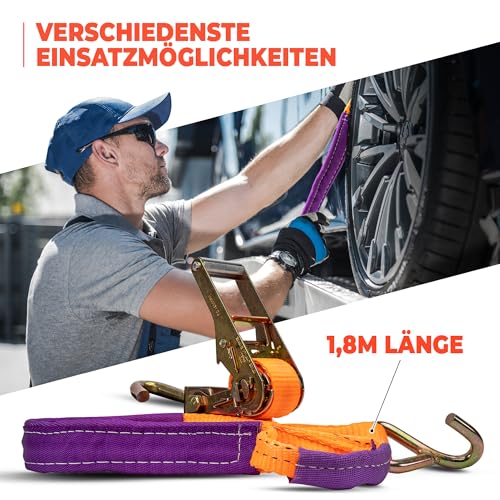 4 Stück Spanngurte zum Auto Transportzurrgurt | Nur EIN Zurrpunkt nötig | 35mm | Radsicherungsgurt | Zurrgurt | Autotransport | Reifengurt | NACH DIN EN 12195-2