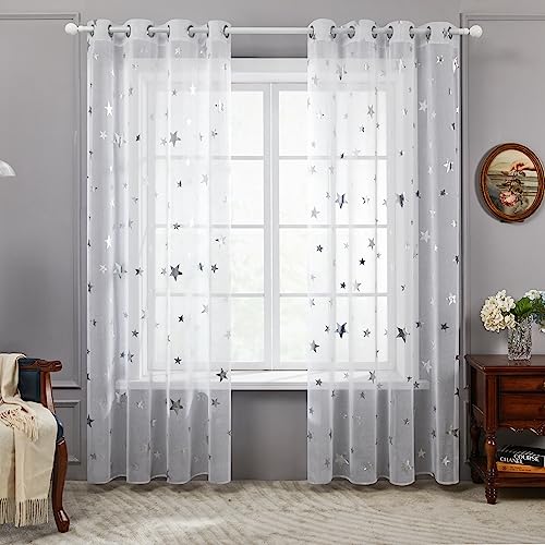 Deconovo Cortinas Dormitorio Blancas con Motivos Plateados para Habiatcion Infantil Translucidas 2 Piezas 140x145cm Blanco-Estrella