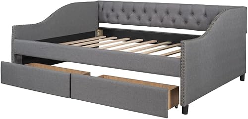 Miniatura 4 de Sofá cama de tamaño individual con 2 cajones de almacenamiento, tapizado capitoné y brazos en forma de clavo, sofá cama, gris