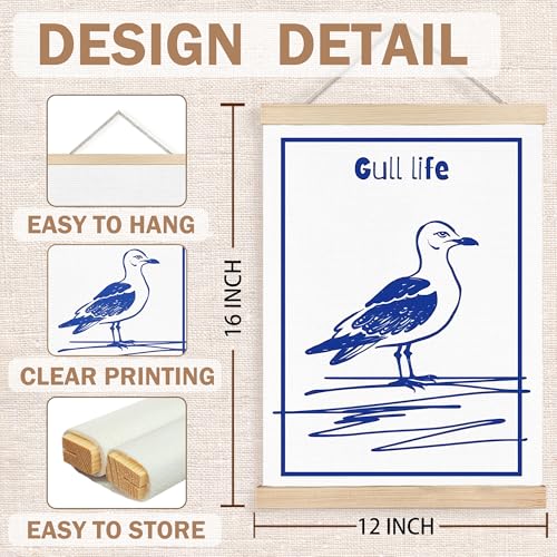 Image of PQKIY Funny Blue Coastal Seagull Bird Wall Art Poster Hanger Frame 12x16 in, Blue and White Nautical Ocean Bird Beach Wall Decor Canvas Prints for Beach House Room Home Bedroom