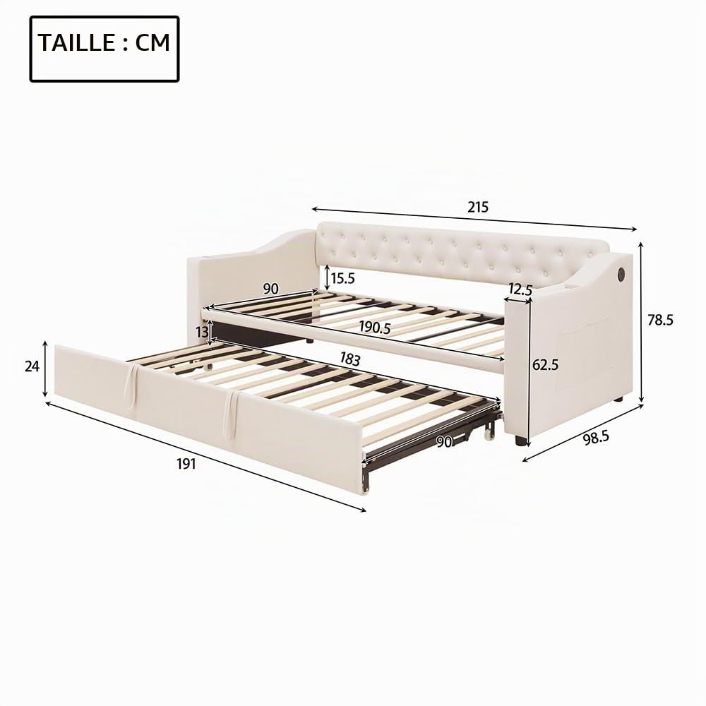 Sweiko Canapé-lit rembourré 90/180 * 190 cm, Cadre Adulte avec accoudoirs Extra-Larges et épais (avec Prise USB), Lit avec Sac de Rangement Sommier à Lattes(sans Matelas) (Beige)
