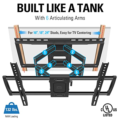 Mounting Dream Ul Listed Tv Wall Mount Bracket For Most 42-90 Inch Tvs, Full Motion Tv Mount With Articulating Arms, Max Vesa 600X400Mm And 132 Lbs, Fits 16", 18", 24" Studs, Md2298 #TOP1