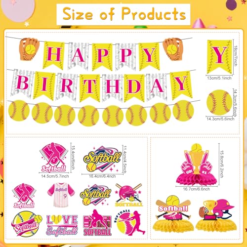 Image of Softball Birthday Party Decorations - Themed Happy Banner, Hanging Swirls, Honeycomb Centerpieces, Table Decor, Sports Party Supplies