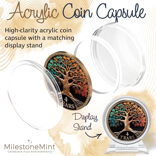 Image of MilestoneMint 4 Year Sobriety Coin, Tree of Life, AA Coins and Medallions | Sobriety Gifts for Men and Women | 3D Texture with Token Acrylic Capsule, Stand, Cards & Velvet Pouch | Recovery Sober Coin