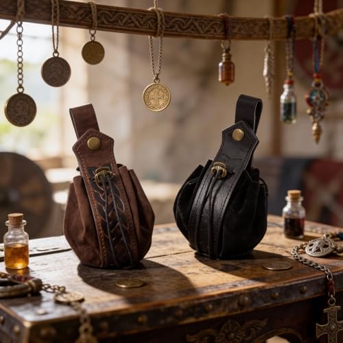 Image of Leather Belt Pouch Medieval Vintage Renaissance Viking LARP Cosplay Costumes Drawstring Coin Purse Phone Holder Waist Bag (A-Black)