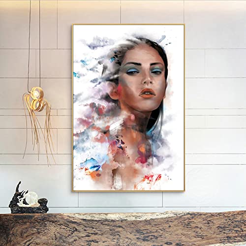 Affiche femme aquarelle nuages colorés peinture toile décoration murale 80x110