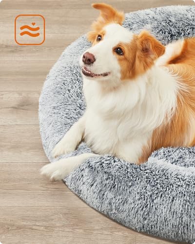 Feandrea Hundebett flauschig, Katzenbett, Donut Kissen, waschbar, Polsterung in der Mitte herausnehmbar, Langer Plüsch, 100 cm Durchmesser, Ombré-Grau PGW042G01