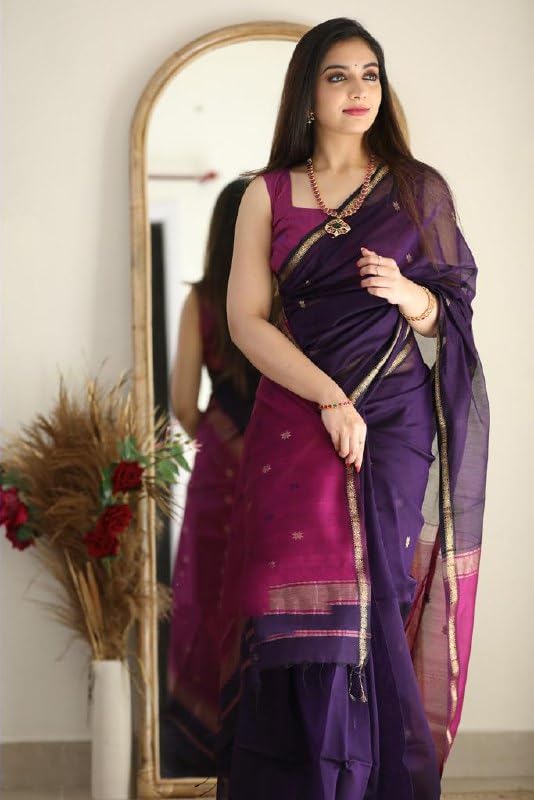 Image of Flosive inchRoyal Purple Banarasi Cotton Blend Saree for Women with Rich Zari Border and Traditional Floral Weaving Design inch