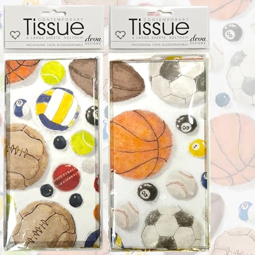 Pañuelo impreso de pelotas deportivas | 2 paquetes, cada uno con 4 hojas de papel impreso de alta calidad | en embalaje biodegradable y sin ácidos | Diseñado en el Reino Unido | 8 hojas en total 50 x