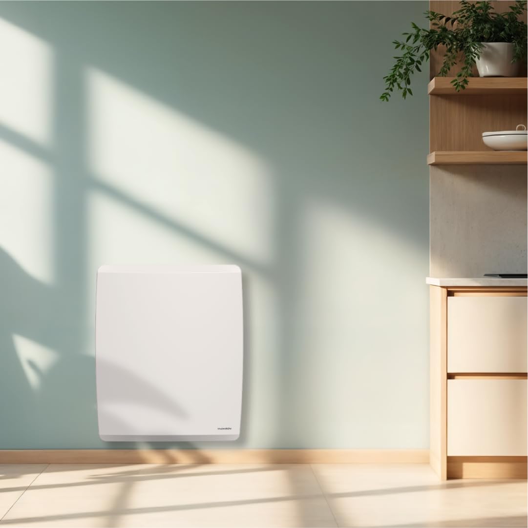 THOMSON - Radiateur électrique fixe connecté WiFi à inertie sèche céramique + film avec thermostat interchangeable 1000W THOMSON MOLY horizontal blanc