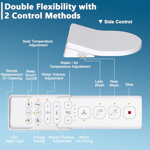Electronic Heated Bidet Toilet Seat, Wireless Remote Control Smart Elongated Toilet Bidet Seat with Soft Close Lid, Air Dryer, Warm Water, Multi Wash Mode, Removable Nozzle, LED Light