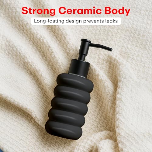 Image of Rioware Outdoor Living Ceramic Liquid Soap Dispenser, 300ml, Multipurpose Refillable for Hand Wash, Dish Wash, Shampoo, Kitchen, Bathroom, and Household Use Pack of 1, Round Black