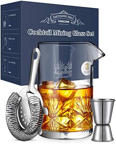 Cocktail Mixing Glass, veecom 3 Piece Old Fashioned Cocktail Kit, 550ml Mixing Glass Cocktail Making Set for Martini, Mojito, Mixer Cocktail Set Cocktail Shaker Set with Strainer, Jigger (3 Pieces)