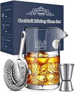 Cocktail Mixing Glass, veecom 3 Piece Old Fashioned Cocktail Kit, 550ml Mixing Glass Cocktail Making Set for Martini, Mojito, Mixer Cocktail Set Cocktail Shaker Set with Strainer, Jigger (3 Pieces)