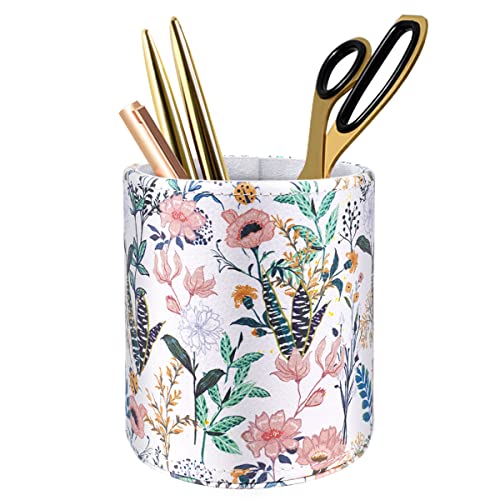 Image of Large Capacity Floral Pen Holder for Desk, Leather Pencil Holder Pen Cup Marker Holder Makeup Brush Holder, Desk Accessories & Workspace Organizers for Home, Office, White Flower