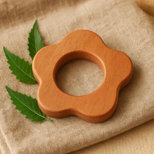 Image of Shark Doo Doo Neem Wood Baby Teether (Flower) | Organic & Handcrafted | Chemical-Free, Paint-Free, Antibacterial Teething Toy for Babies
