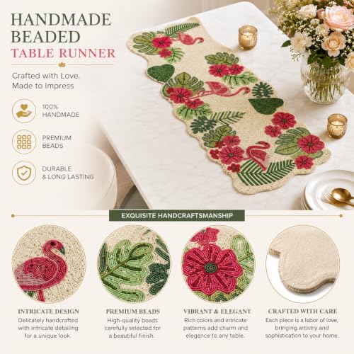 Image of Beautiful Beaded Table Runner - Pink Swan Design, 13 x 36 Inches, Pack of 1 | Handcrafted Craftsmanship for Dining, Center Table, Thanksgiving & Festive Decor