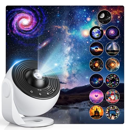 CAKLIK Sternenhimmel Projektor mit 13 Stück Filmscheiben, Geräuscharmer LED-Planetarium Galaxy Projektor, Timer & 360° Rotierenden, Sternenprojektor für Schlafzimmer, Partys und Feiertage