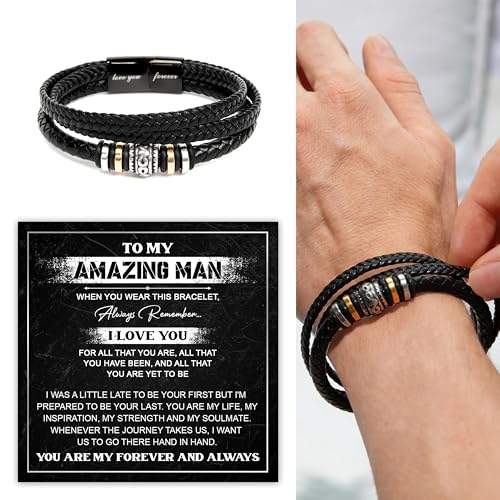 To My Man Bracelet, Husband Bracelet Gifts From Wife, Men Bracelets Gift, Braided Leather Stainless Steel Infinity Bracelets Lettering Love You Forever Jewelry Gifts For Man With Message Card & Box4