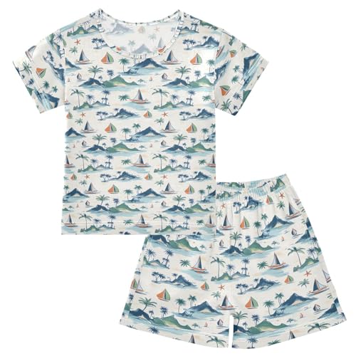 Palm Tree Sailboat Mountain Pajama Set, Short Sleeve Cotton Sleepwear Nightwear