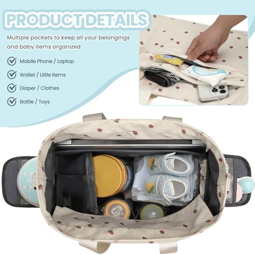 Image of Pritent Large Travel Diaper Bag Tote with 14 Inch Laptop Sleeve, Breast Pump Bag for Mom and Dad, Mommy Maternity Travel Baby Bag for Boys and Girls, Strawberry