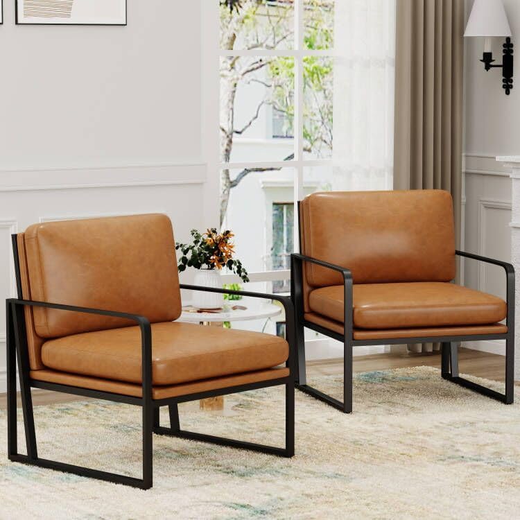 Set of 2 Brown Faux Leather Armchairs with Metal Frame