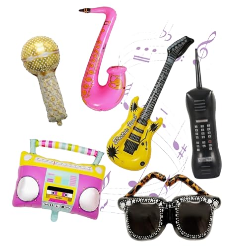 6Pcs Photo Booth Props Party Props for Adult Events Inflatable Props with Guitar and Microphone Disco Themed Decorations for Music Festivals and Social Media Content
