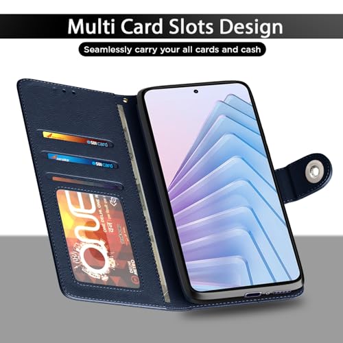 Image of Pikkme Flip Cover Leather Finish | Inside TPU with Card Pockets | Wallet Stand and Shock Proof | Complete Protection Button Flip Case for Redmi Note 14 5G (Blue)