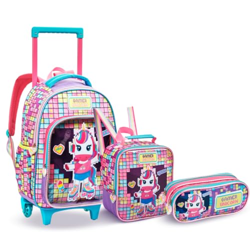 Kit Mochila de Rodinha Infantil Unicórnio com Lancheira e Estojo Feminino Menina Grande C/Alça 3 Peças