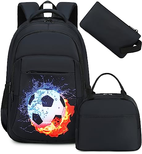 LEDAOU Mochila para crianças, meninos, meninas, mochilas escolares, conjunto de mochilas escolares com lancheira e estojo de lápis, Futebol preto, Medium, Mochilas Daypack