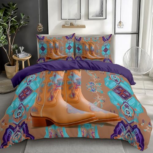 Juego Funda Nórdica 180 x 220 cm 2 Fundas de Almohada 50x75, Botas De Vaquero Abstractas Y Geométricas Púrpura para Niños en Microfibra Suave e Hipoalergénica, Ropa de Cama Transpirable Sin Arrugas