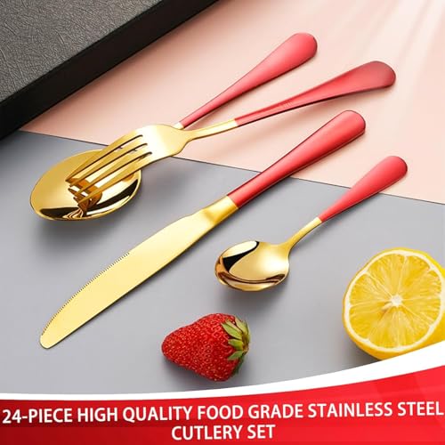 Image of 24 Pieces Flatware Set, Stainless Steel Cutlery Set with Silverware Holder, Modern Gold Silverware Set Includes Dinner Knives Forks Spoons,Hanging Silverware (Red)