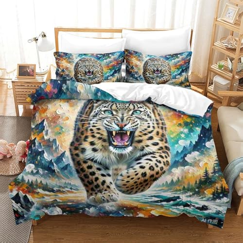 Housse de couette léopard de neige 3D en microfibre douce avec fermeture éclair cachée - 3