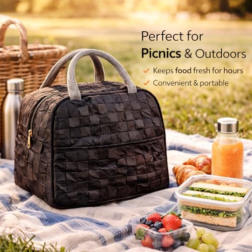 Image of The Earth Store Black Check Insulated Lunch Bag for Office, Men, Women | Travel Tiffin Bag with Handle, Waterproof & Leakproof | Reusable Thermal Lunch Box Bags